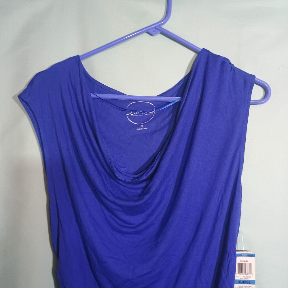 Royal Blue Cowl Neck Ruched Sleeveless Top Draped Stretch Blouse - Picture 2 of 5